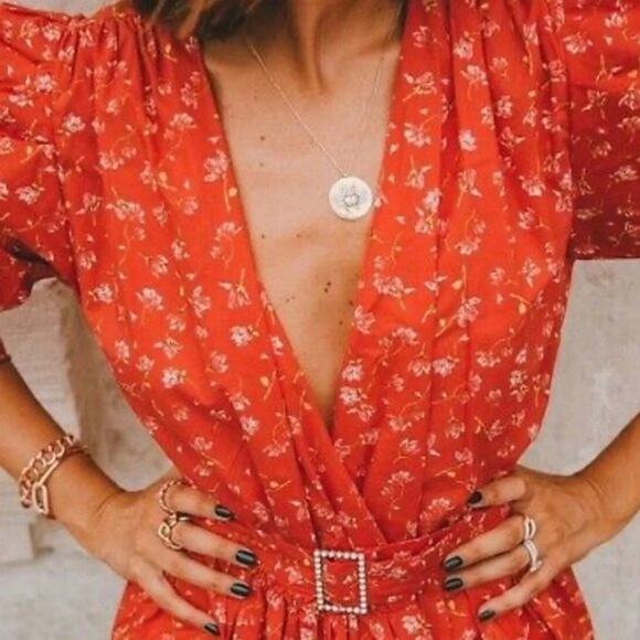 ZARA Red Floral Print Top Blouse With Belt Puff Shoulder Size XL - Picture 4 of 13